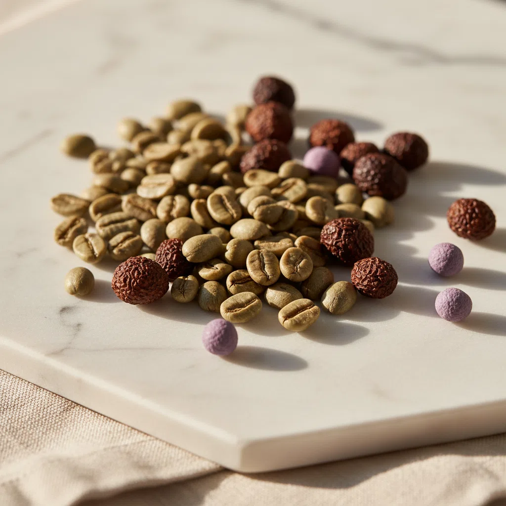 Green coffee beans and guarana seeds on white marble - botanical ingredients for metabolism support