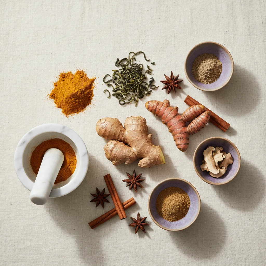 Adaptogenic herbs including ginger root and turmeric on cream background - plant-based supplement ingredients
