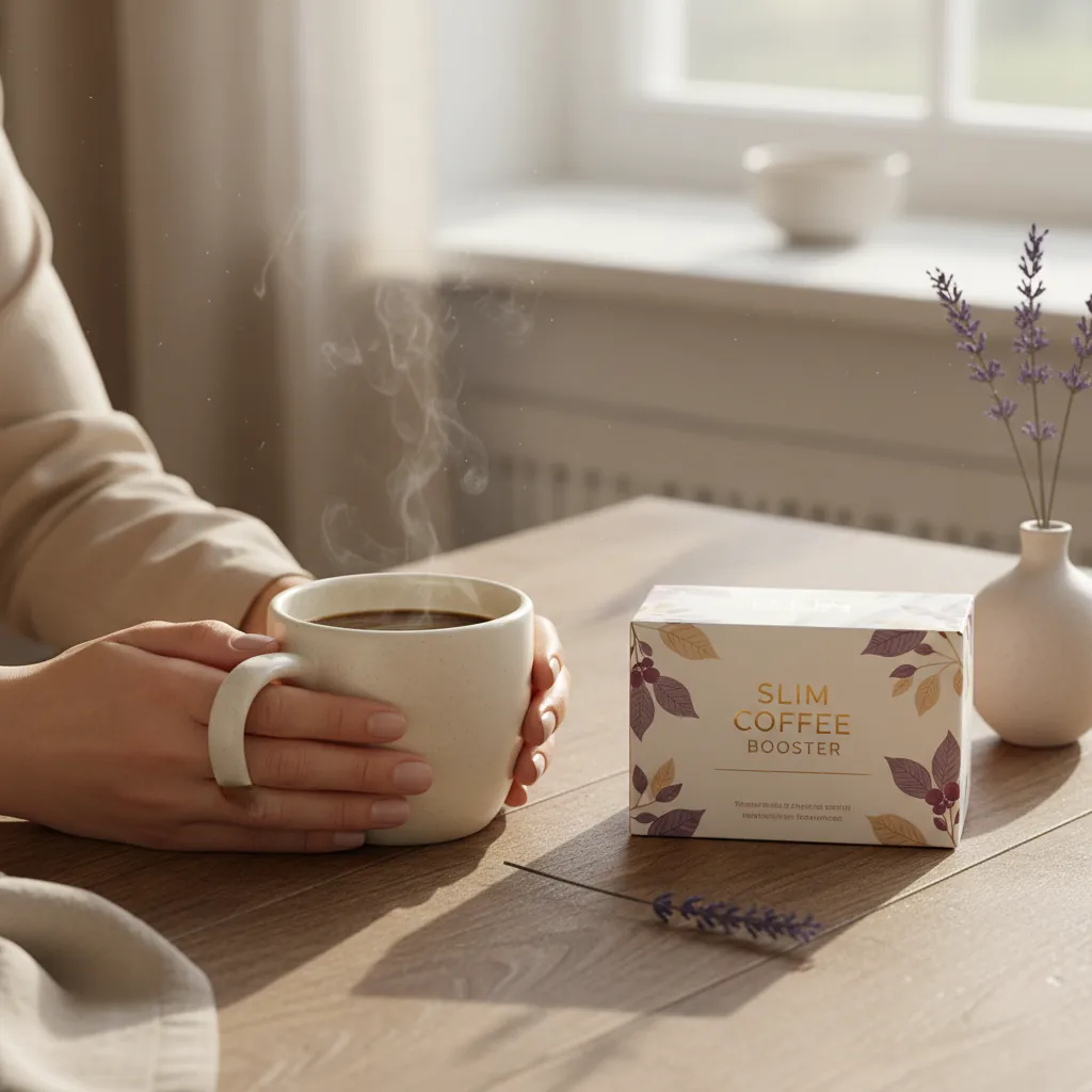 Hands holding a warm mug beside a Slim Coffee Booster box on a wooden table